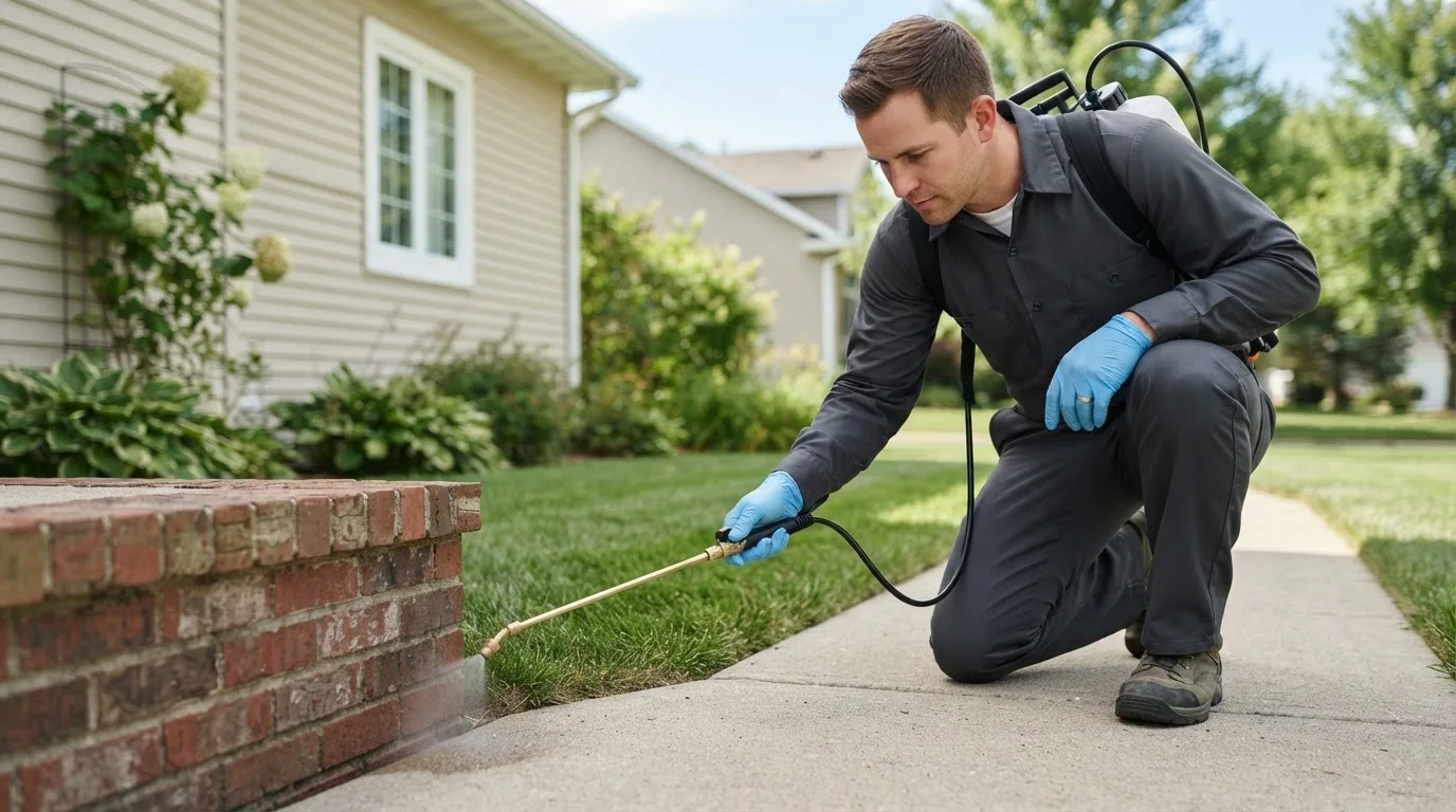 Pest control technician treating a home near Little Rock, IA